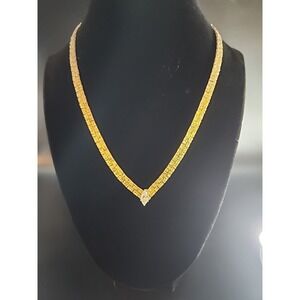Vintage Goldtone V-shaped Necklace W/ Textured Flat Chain & Rhinestone Center